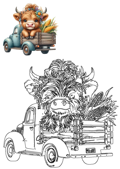 Thanksgiving Unity in Diversity Clip Art featuring a cute cow in a vintage truck with corn. Animal illustration, cow clipart.