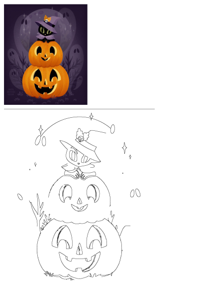 Whimsical Halloween illustration of three stacked jack o'lantern pumpkins with a black cat witch on top, set against a spooky ghost background.