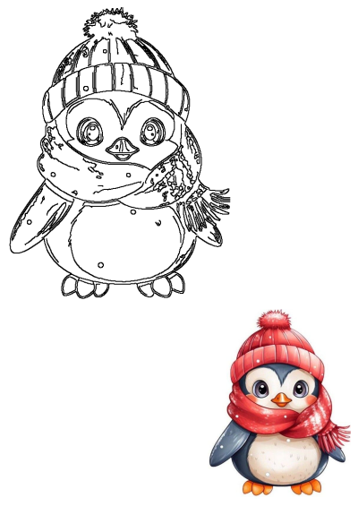 Cute illustration of a penguin wearing a red hat and scarf.  A festive winter image perfect for the holidays.