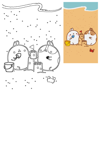 Two cartoon animals are playing in the sand, building a sandcastle with a bucket, shovel, and a cute crab nearby on a sunny beach.