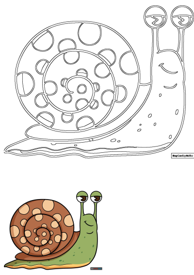 Cartoon illustration of a snail featuring a brown spiral shell with light brown spots, a green body, and googly eyes on stalks.