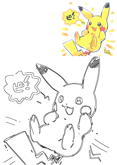 Illustration of Pikachu, the iconic Pokemon character, in a cheerful pose with red cheeks and Japanese text. Cute cartoon drawing.