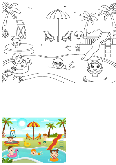 Cartoon illustration of children playing in the pool and having fun on summer vacation with beach chairs, slide, and swimming tubes.