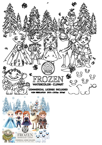 Frozen watercolor clipart featuring a festive Christmas scene with Elsa, Anna, and Olaf among snowy trees. Perfect for holiday-themed designs.