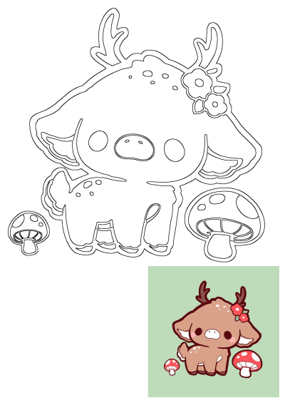 A stylized illustration of an adorable fawn with antlers, a flower crown, polka-dot spots, accompanied by two whimsical mushrooms.