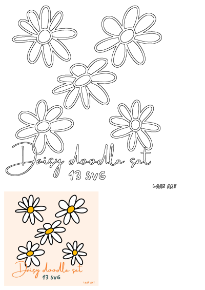 Cute hand-drawn daisy doodle set. Includes 13 unique SVG files: 5 black daisies, 5 white daisies, & 3 daisy groups. High quality SVG.