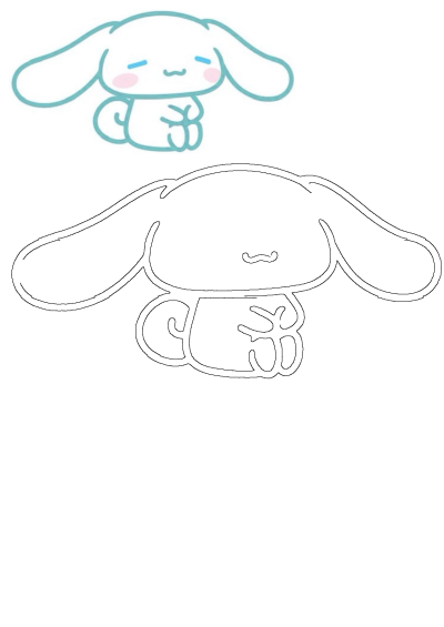 Drawing of Cinnamoroll, a cute cartoon rabbit with blue eyes, outlined in light blue, with pink cheeks, folding its hands in its lap.