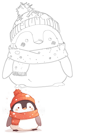 Illustration of a cute penguin wearing a red winter hat and scarf, perfect for winter themes. A charming image of a penguin wearing a red hat and scarf.