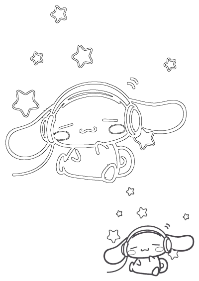 Cute cinnamoroll outline wearing headphones surrounded by stars. Perfect coloring page for cinnamoroll fans and star enthusiasts. 