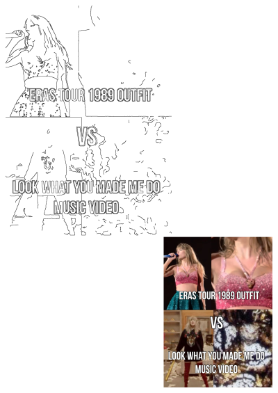 Taylor Swift's Eras Tour 1989 outfit versus the 'Look What You Made Me Do' music video look, contrasting her evolving style.