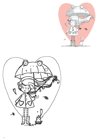 Drawing of a girl holding a frog umbrella in front of a heart. 'I love you' message implied. Charming illustration of love in the rain.