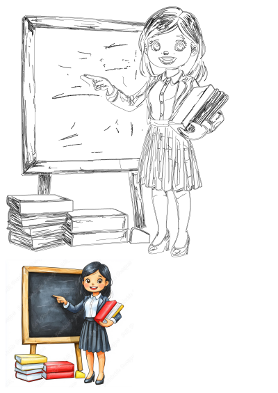 Cartoon image of a woman teacher standing in front of a blackboard, pointing to it. She holds colorful books, a classic educational scene.