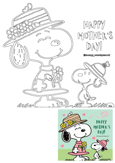 Snoopy dressed for Mother's Day wearing a hat and holding a flower, with Woodstock in a matching hat. Happy Mother's Day!