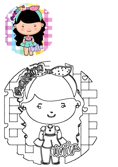Cute cartoon illustration of Maestra Anita. She is wearing a pink dress and headband. Playful, vibrant design suitable for teachers and educators.?