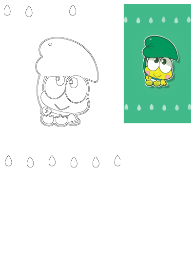 Cartoon of Keroppi wearing a green leaf hat on a green background with white water drop dots. Cute cartoon character illustration.
