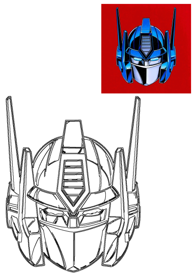 Drawing of Optimus Prime's iconic blue and white helmet on a vibrant red background. A detailed illustration of a classic cartoon character's headgear.