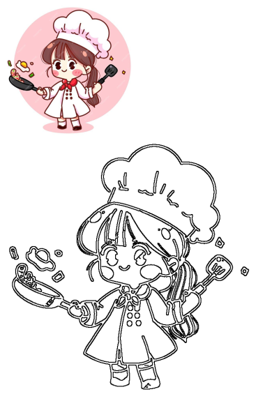 Cartoon girl chef cooking with a frying pan, wearing a chef's hat and chef uniform, cute illustration.