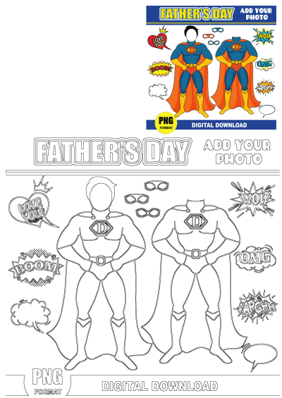 Father's Day photo booth featuring two superhero cutouts with speech bubbles. Fun DIY prop for Father's Day celebrations, digital download.