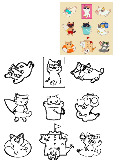 Cute cartoon cats enjoying a summer beach party holiday, featuring cats in sunglasses, sandcastles, floats, and a boombox.