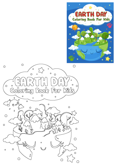 Earth Day coloring book for kids with trees, clouds in the sky and a happy earth with a face. Perfect for Earth Day activities and learning!