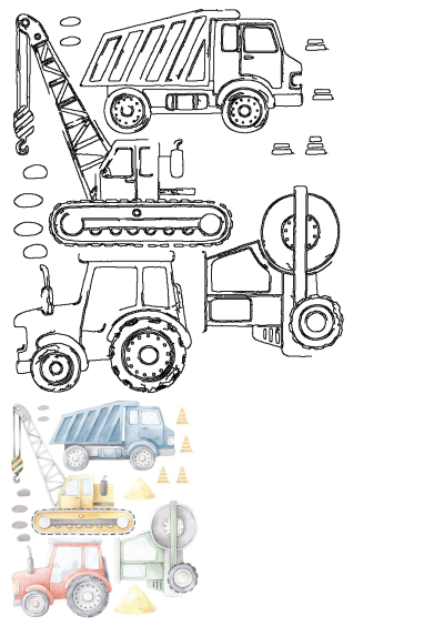 Watercolor drawing of construction vehicles and equipment, including a dump truck, crane, tractor, and steamroller, painted in soft, muted colors.