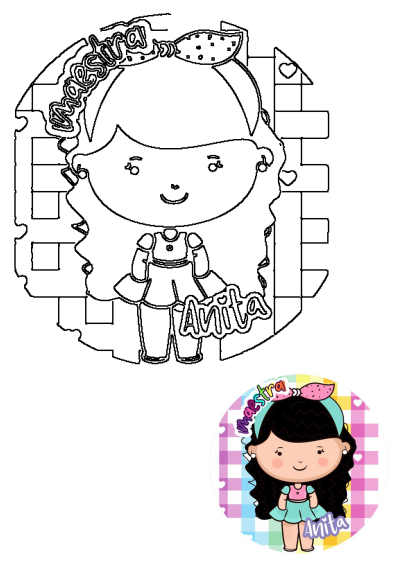 Cute cartoon of Maestra Anita in a pink dress and headband. Playful, vibrant design for teachers and educators. Great for educational content.