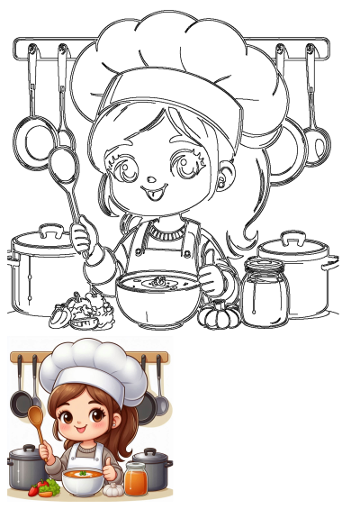 Cute cartoon of a girl chef wearing a chef's hat, cooking a bowl of soup, surrounded by fresh vegetables and cooking utensils.