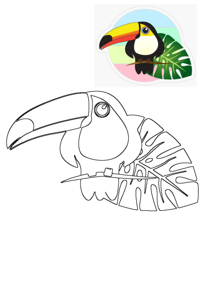 Cartoon toucan bird sitting on a branch with a large green leaf behind it. Cute tropical bird illustration.