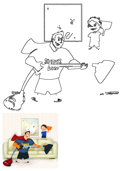 A man in a cape is using a vacuum to clean the living room with his dog. Cartoon depiction of 'Super Dad' making chores fun for family.