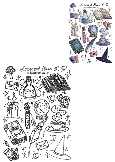 Whimsical 'naklejejeczki' featuring witchcraft and magic items: potion bottles, spell book, tarot cards, crystal ball, candles, and a witch hat.