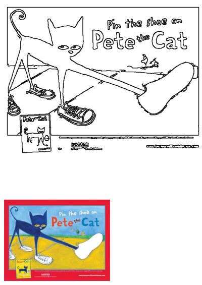 Pete the Cat book cover for a 'Pin the Shoe on Pete the Cat' game. Fun activity based on the popular children's book series.