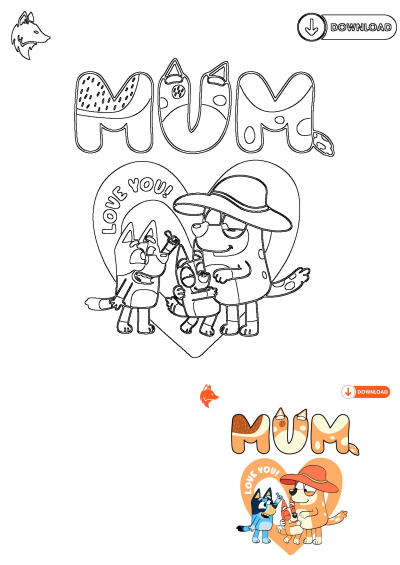 A dog and cat are standing in front of the word 'mum' in this colorful illustration, perfect for Mother's Day celebrations.