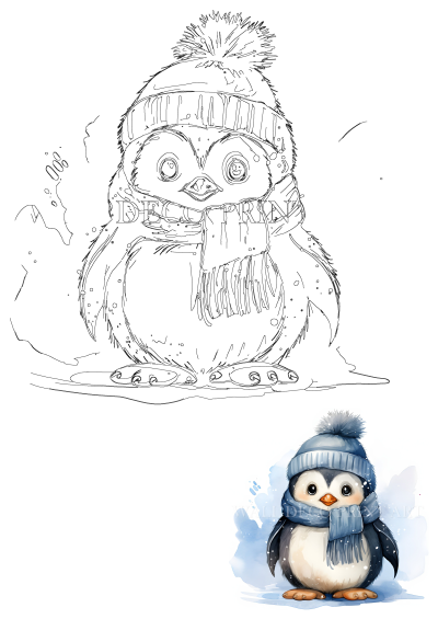 Adorable watercolor image of a penguin wearing a blue hat and scarf. Charming winter illustration.