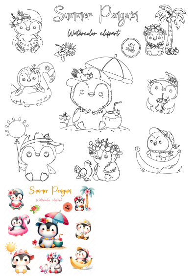 Cute summer penguins wearing different hats and flower wreaths, plus umbrellas and flamingo floatie. Watercolor clip art.