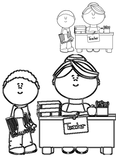 Black and white cartoon clipart featuring a teacher at her desk and a student holding notebooks. Perfect for educational materials.