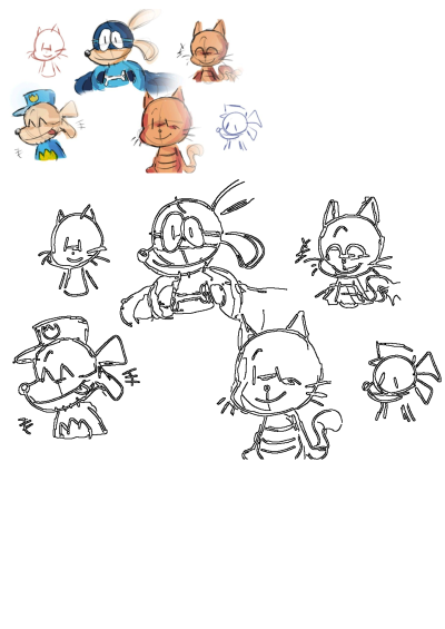 Several cartoon cats and dogs with different expressions and poses in a sketch-like style. Adorable animal cartoon character doodles.