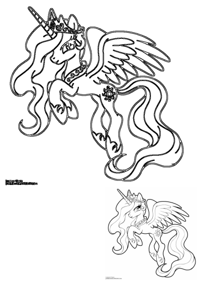 Princess Celestia coloring page. A My Little Pony character with a crown, wings, and flowing mane ready to be brought to life with color.