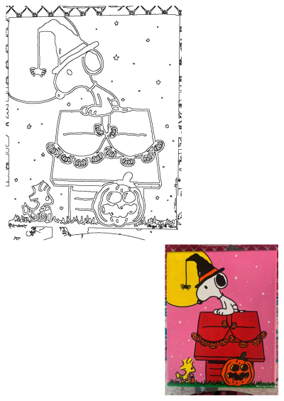 Snoopy in a witch hat sits atop his decorated doghouse, with Woodstock beside a pumpkin under a pink starry sky and big moon, Halloween art.