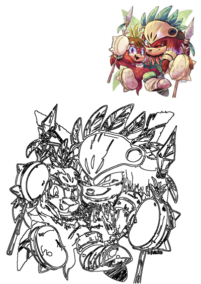 Cartoon image of two characters wearing tribal-style outfits with leaves on their heads. One character is holding a spear, vibrant colors and details.