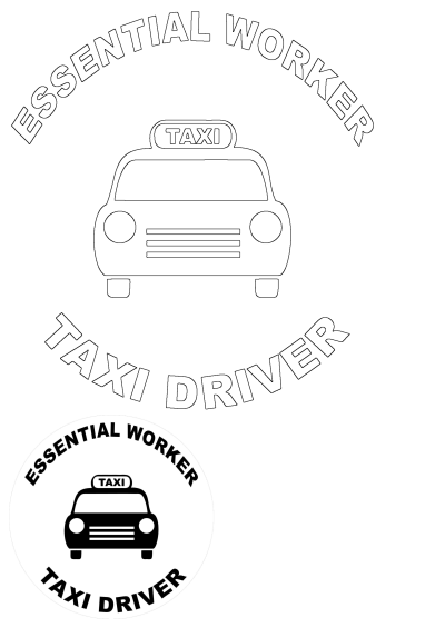 Essential worker taxi driver sticker in black on a white background. This taxi driver is an essential worker who is here to help you. 