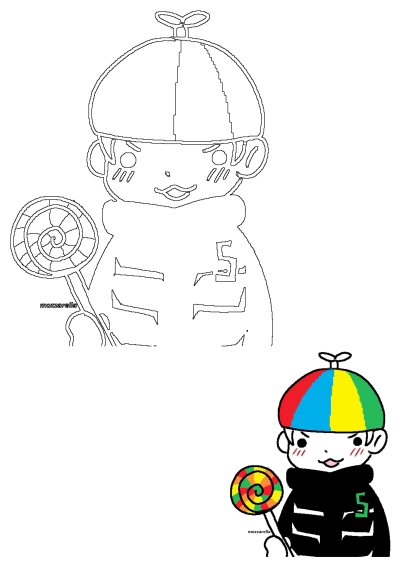 Cartoon style drawing of a boy wearing a propeller hat and holding a colorful lollipop. He has a black jacket with the number 5 on it. 