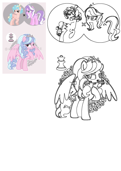 Three different ponys are depicted in the same drawing style, one is pink and one is. My Little Pony character fusion fanart.