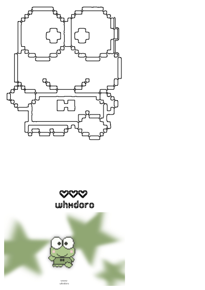 Cute pixel art of Keroppi the green frog character with big eyes. Nostalgic pixelated design. Keroppi wearing an H t-shirt on a star background.