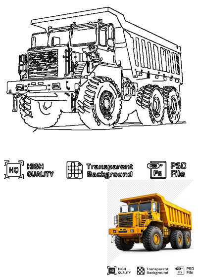 A large yellow dump truck with big tires on its flatbed, showcased against a white background. Perfect for construction or transportation.