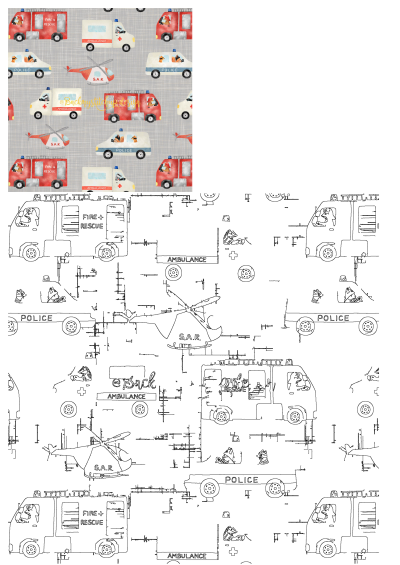 Watercolor painting of emergency vehicles: ambulances, fire trucks, police cars & rescue helicopter on a gray background. Emergency in white letters.