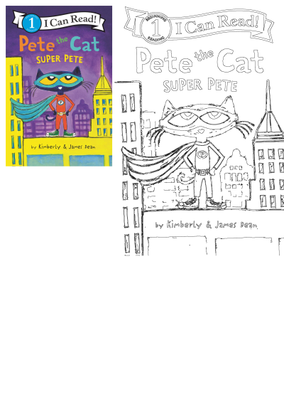 Pete the Cat Super Pete 'I Can Read!' book cover featuring Pete the Cat as a superhero against a cityscape background. I can read pete the cat super pete