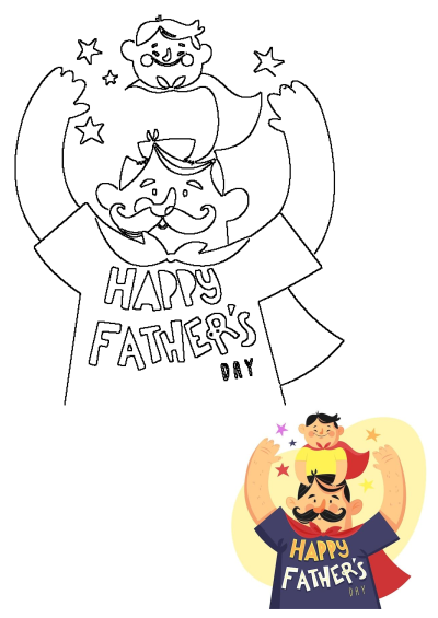 A cartoon of a father holding his son on his shoulders like a superhero, with 'Happy Father's Day' below. Celebration of fatherhood.