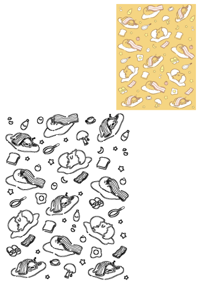 Cute Gudetama pattern with lazy egg character resting on egg whites, some covered in bacon on a yellow background.