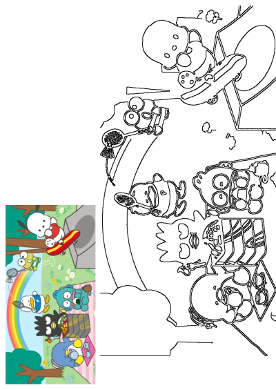 Cartoon characters are enjoying outdoor activities and a picnic. It features characters playing badminton, skateboarding, and enjoying a picnic.