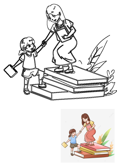 Cartoon image of a woman helping a child climb on a stack of books. Character png and psd file.